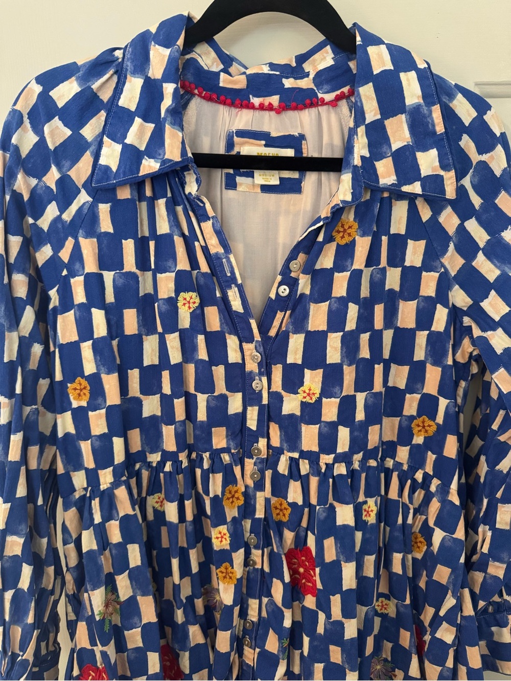 Anthropologie Maeve Checkered and Floral Long Sleeve Mini Dress size Medium - Picture 3 of 13